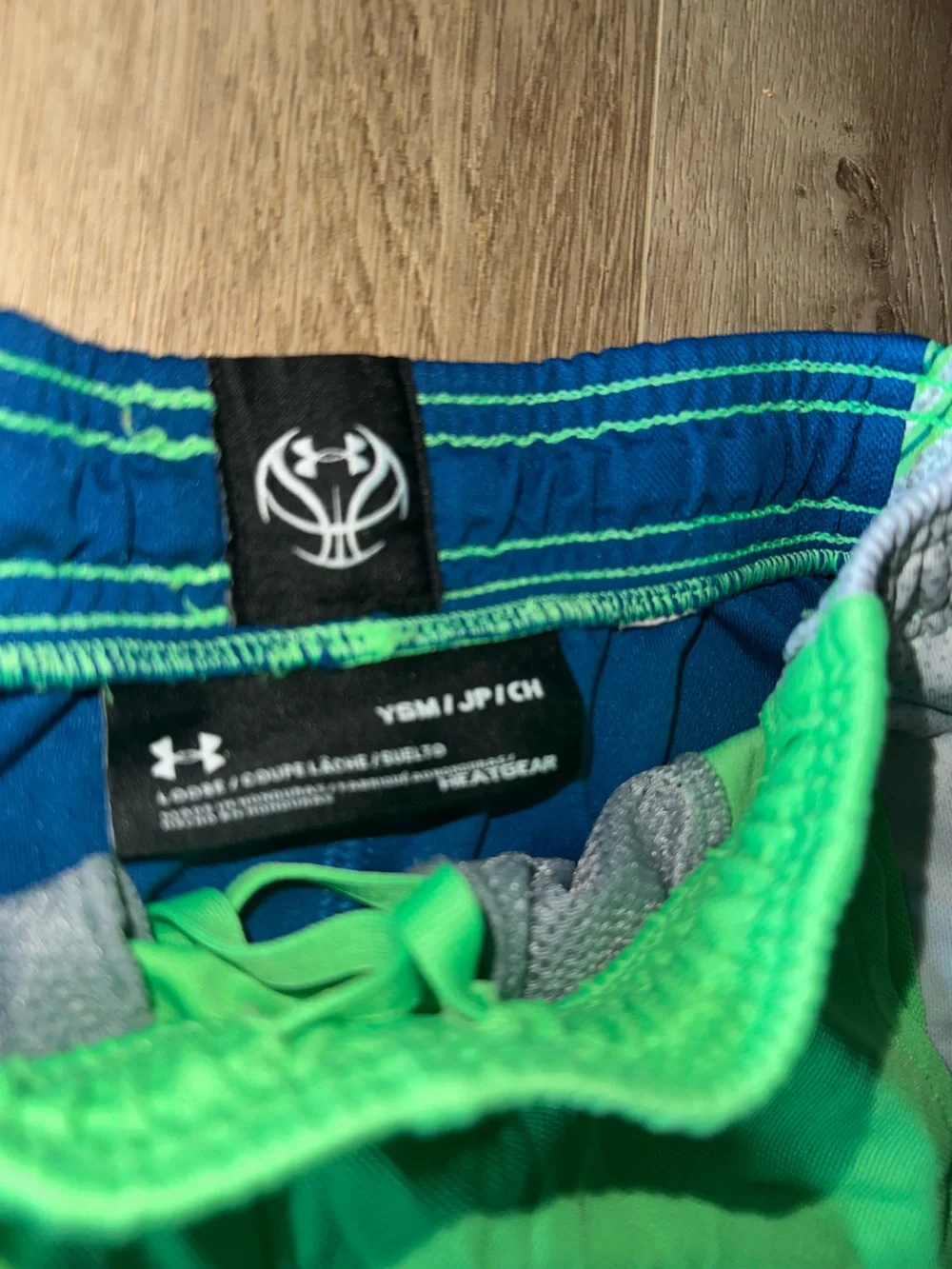 Under Armour Neon Green Athletic Shorts with Navy Graphic Panels